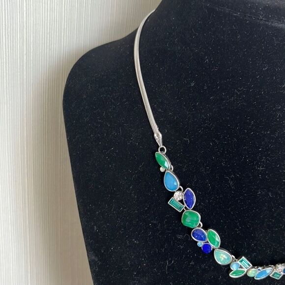 Jewelry Set- Silver Tone with Blue and Green Crystals Necklace and Earring - Picture 3 of 6